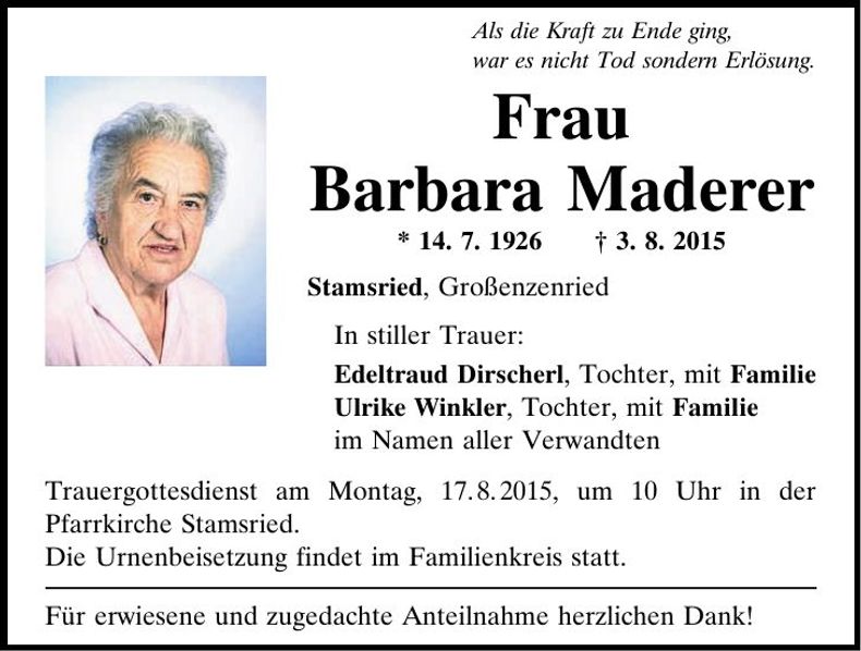 Traueranzeige Barbara Maderer