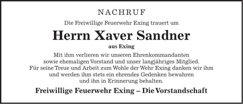 Traueranzeige Xaver Sandner