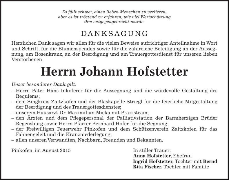 Traueranzeige Johann Hofstetter