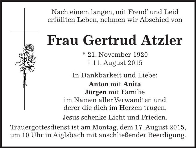 Traueranzeige Gertrud Atzler