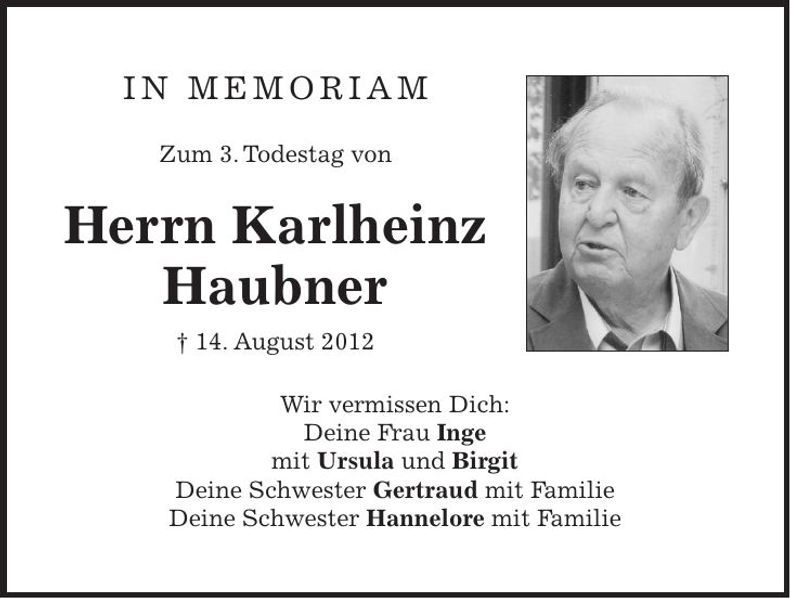 Traueranzeige Karlheinz Haubner