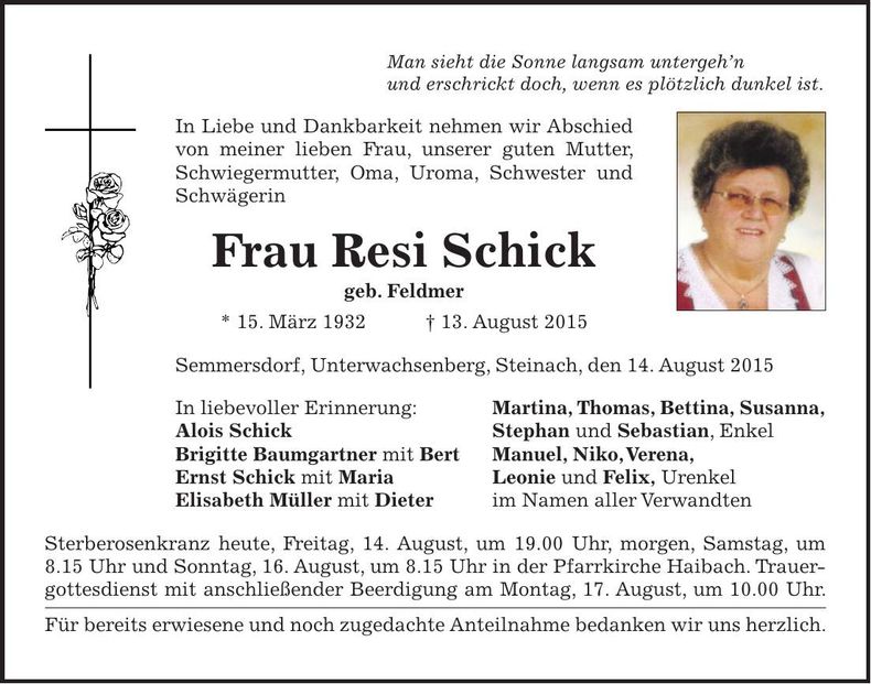 Traueranzeige Resi Schick