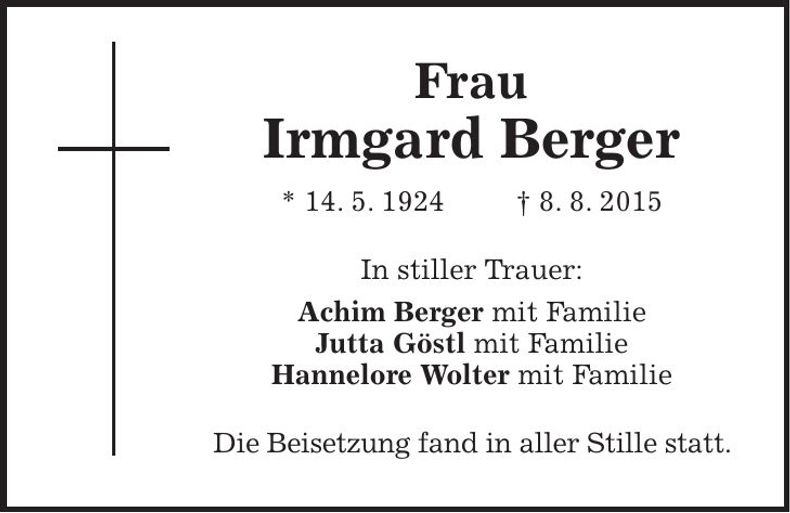 Traueranzeige Irmgard Berger