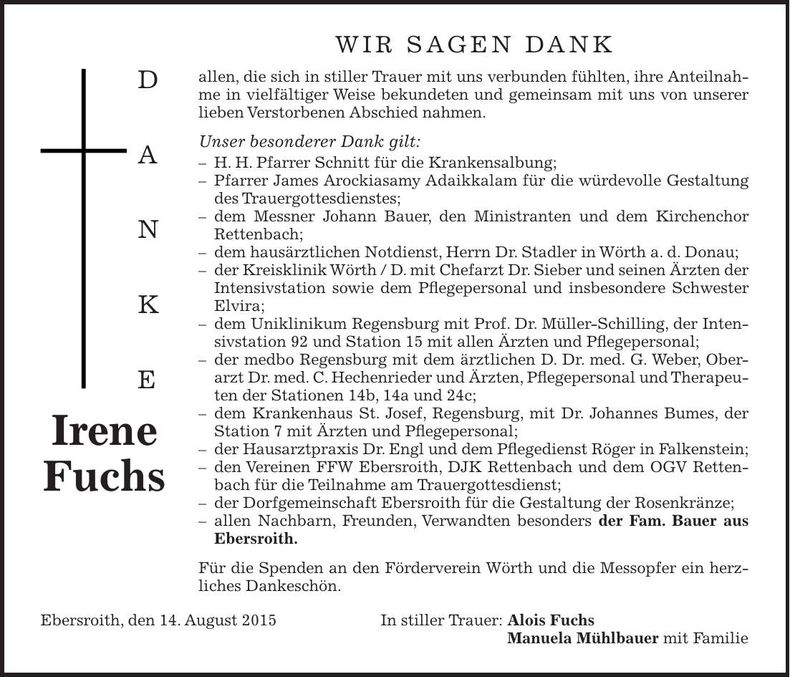 Traueranzeige Irene Fuchs