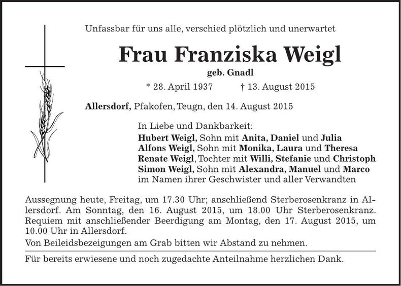 Traueranzeige Franziska Weigl