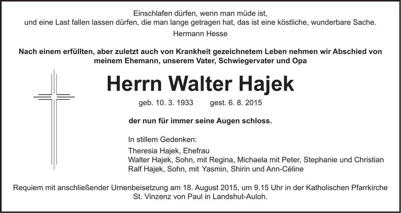 Traueranzeige Walter Hajek