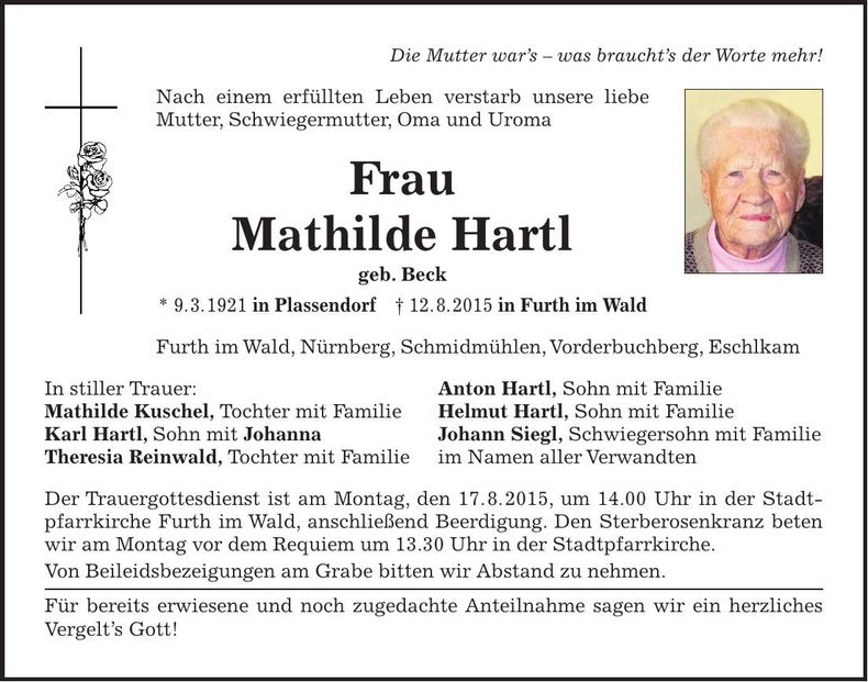Traueranzeige Mathilde Hartl