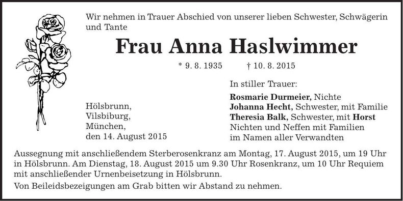 Traueranzeige Anna Haslwimmer