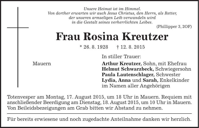 Traueranzeige Rosina Kreutzer
