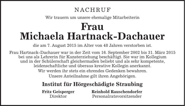 Traueranzeige Michaela Hartnack-Dachauer