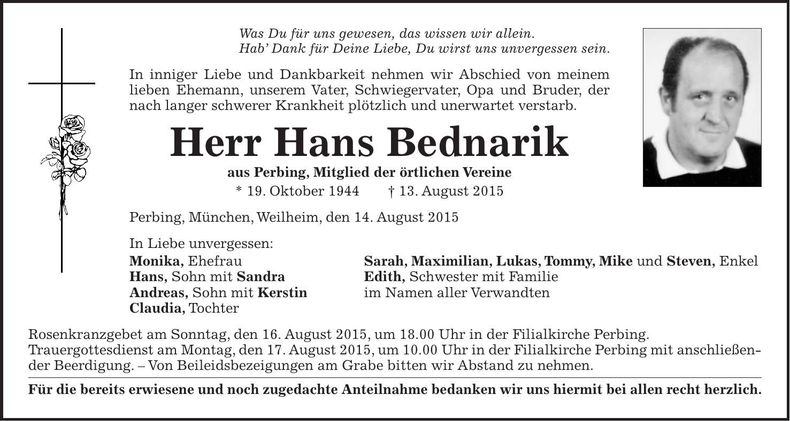 Traueranzeige Hans Bednarik