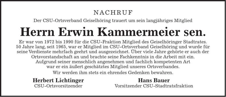 Traueranzeige Erwin Kammermeier