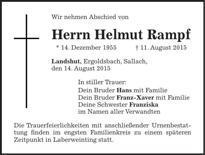 Traueranzeige Helmut Rampf