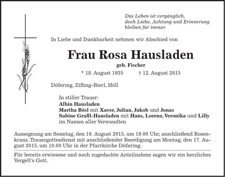 Traueranzeige Rosa Hausladen