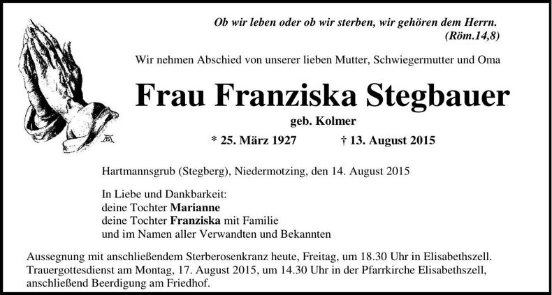 Traueranzeige Franziska Stegbauer