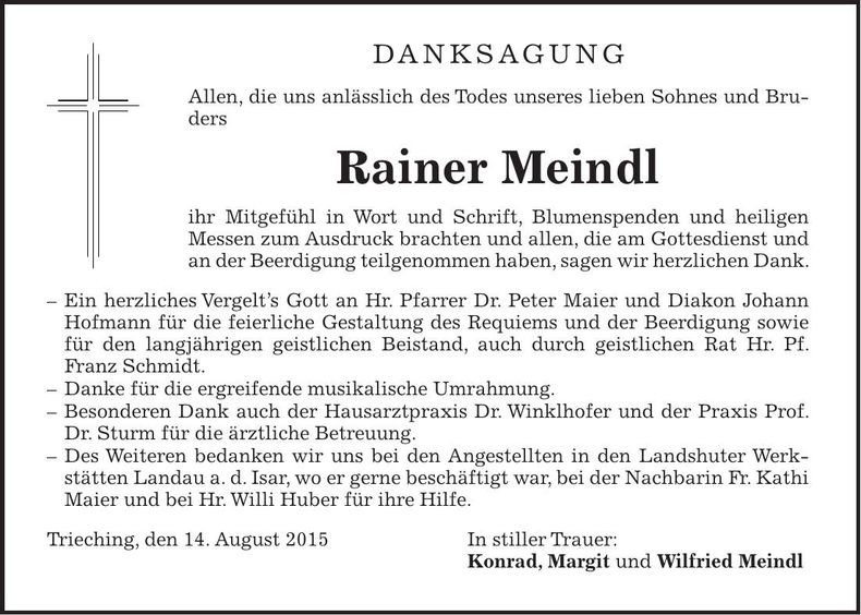Traueranzeige Rainer Meindl