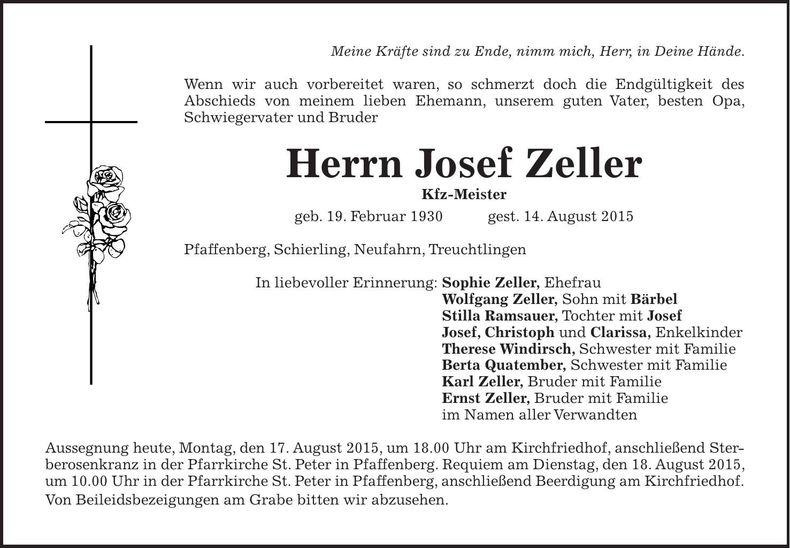 Traueranzeige Josef Zeller
