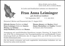 Traueranzeige Anna Leiminger