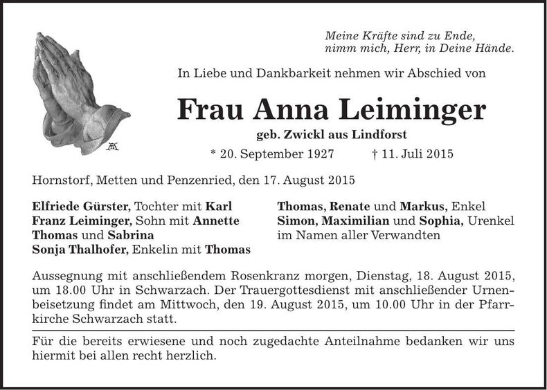 Traueranzeige Anna Leiminger