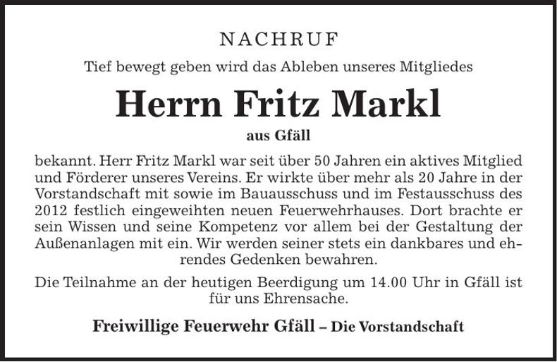 Traueranzeige Fritz Markl