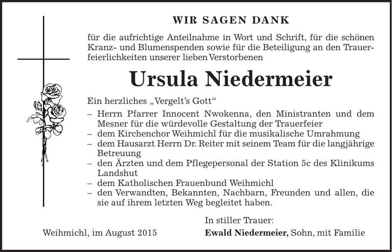 Traueranzeige Ursula Niedermeier