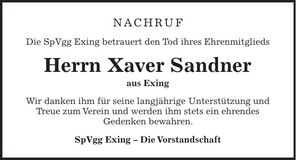 Traueranzeige Xaver Sandner