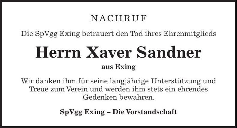 Traueranzeige Xaver Sandner