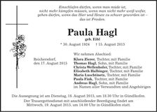 Traueranzeige Paula Hagl