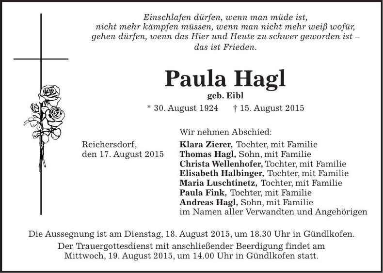 Traueranzeige Paula Hagl