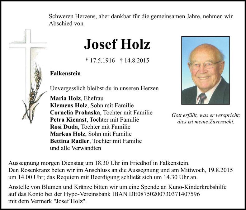 Traueranzeige Josef Holz