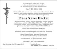 Traueranzeige Franz Xaver Hacker