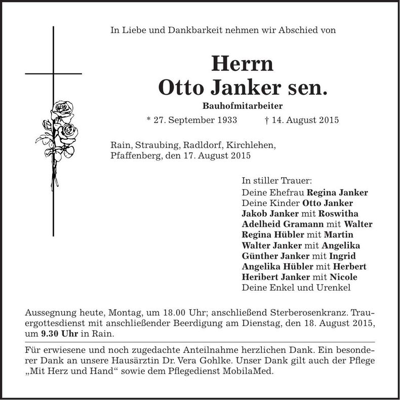 Traueranzeige Otto Janker sen.