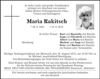 Traueranzeige Maria Rakitsch