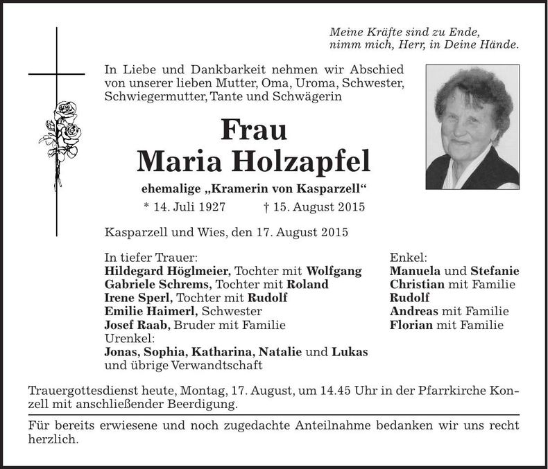 Traueranzeige Maria Holzapfel