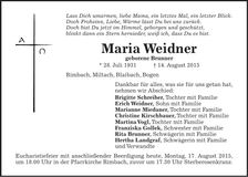 Traueranzeige Maria Weidner