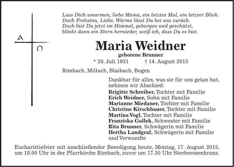 Traueranzeige Maria Weidner