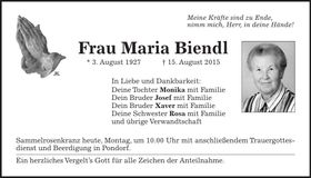 Traueranzeige Maria Biendl