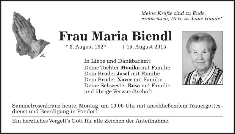 Traueranzeige Maria Biendl