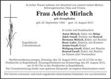 Traueranzeige Adele Mirlach
