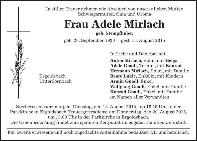 Traueranzeige Adele Mirlach