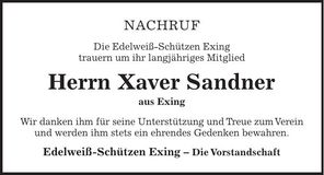 Traueranzeige Xaver Sandner