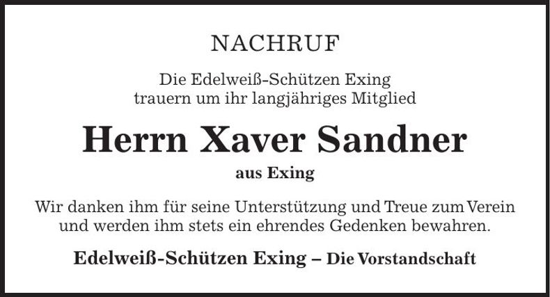 Traueranzeige Xaver Sandner