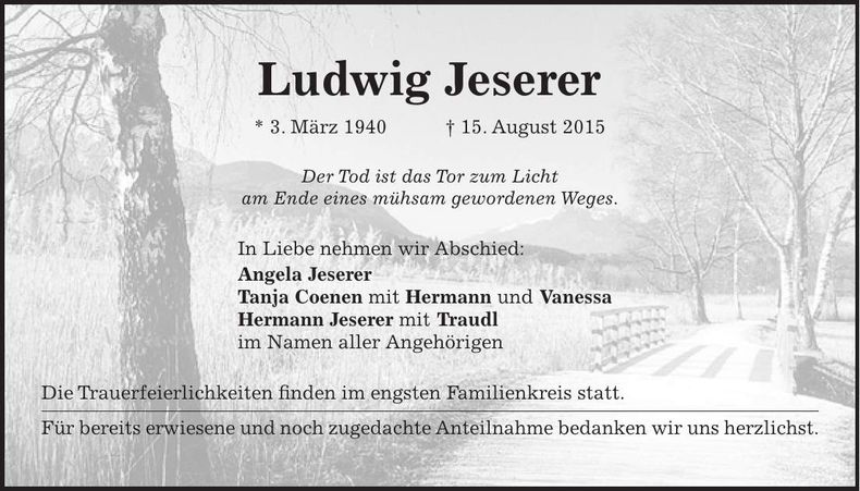 Traueranzeige Ludwig Jeserer