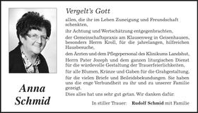 Traueranzeige Anna Schmid