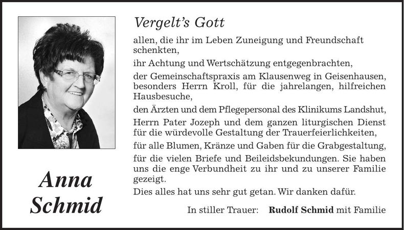 Traueranzeige Anna Schmid