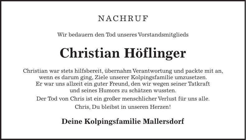 Traueranzeige Chrisitian Höflinger