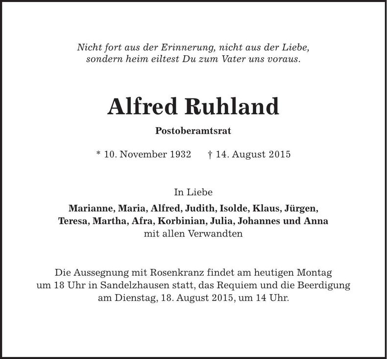 Traueranzeige Alfred Ruhland
