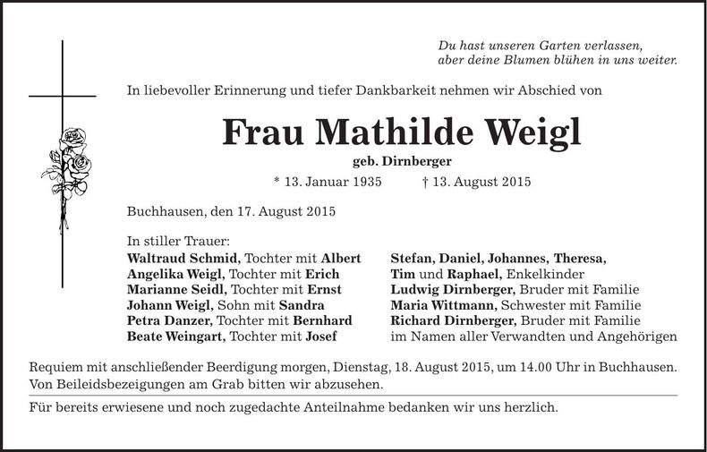 Traueranzeige Mathilde Weigl