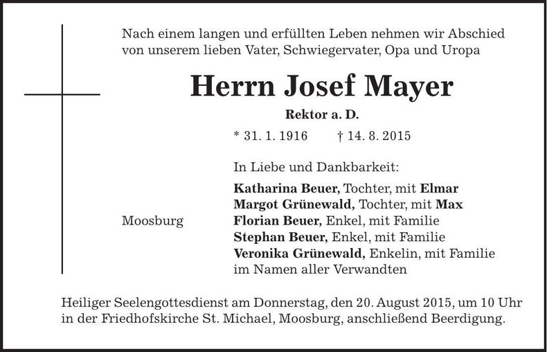 Traueranzeige Josef Mayer