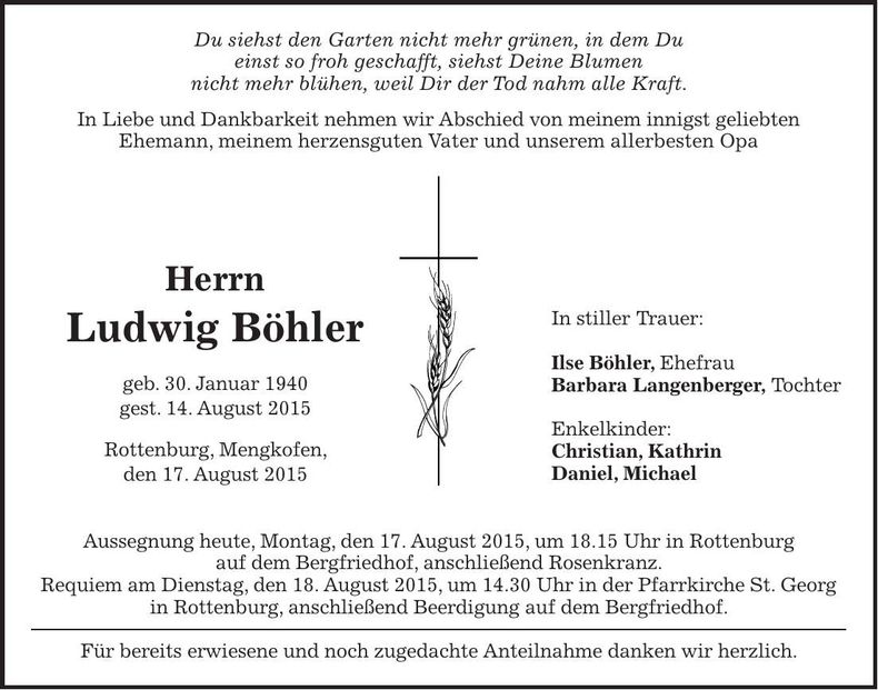 Traueranzeige Ludwig Böhler